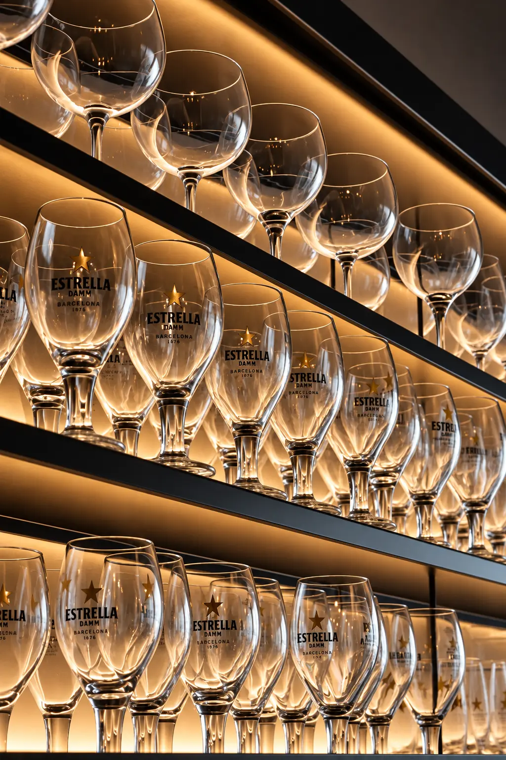 Copas alineadas en estanterías iluminadas de Latitud Cero